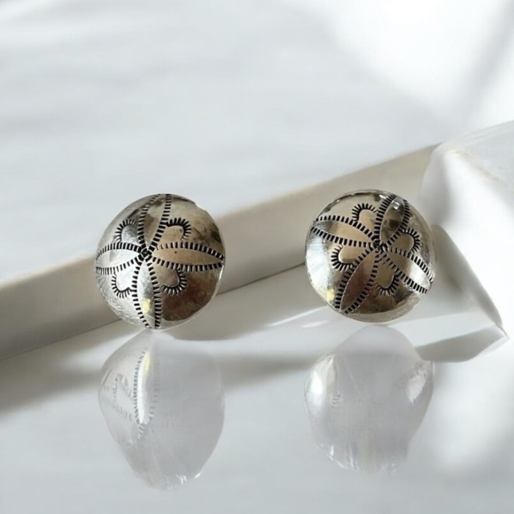 Early Navajo Sterling Silver Stamped Concho Button Clip Stud Earrings 1 1/4"
